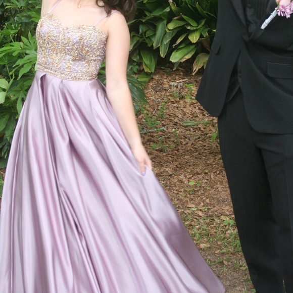 gold and purple prom dress